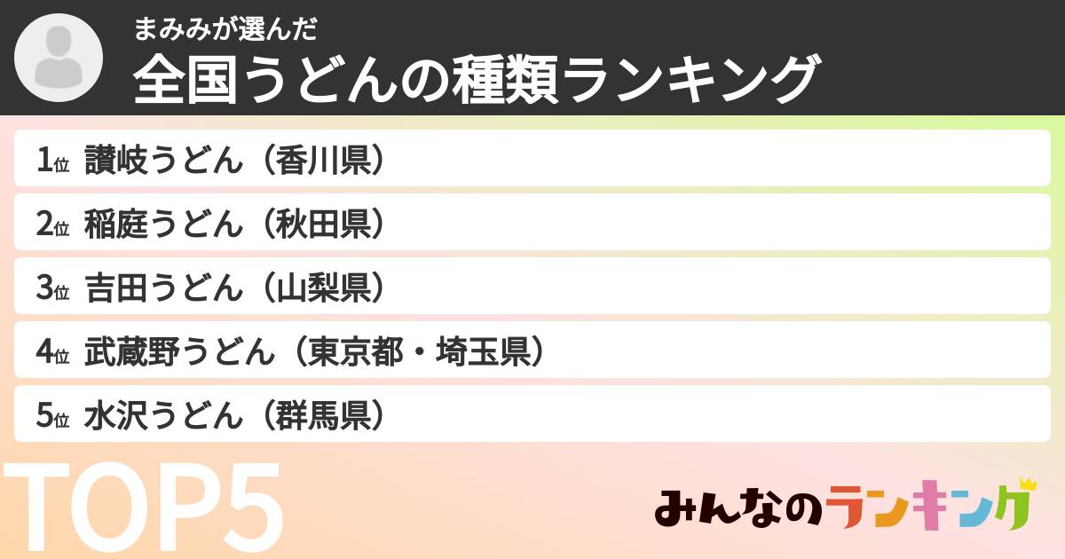 まみみさんの「全国うどんの種類ランキング」