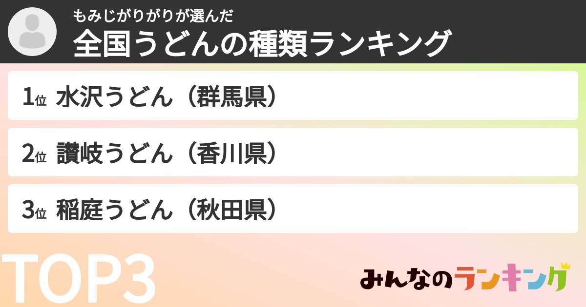 もみじがりがりさんの「全国うどんの種類ランキング」