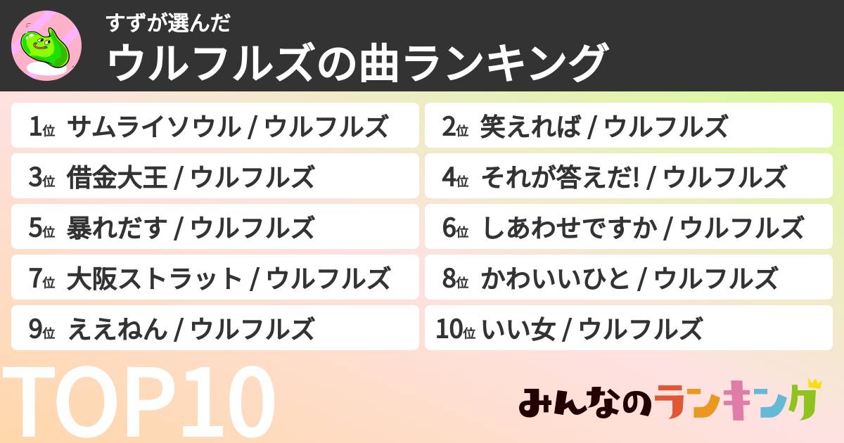 すずさんの「ウルフルズの曲ランキング」