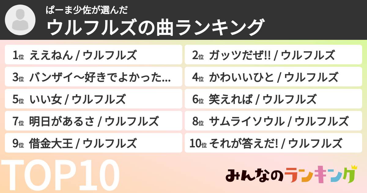 ぱーま少佐さんの「ウルフルズの曲ランキング」