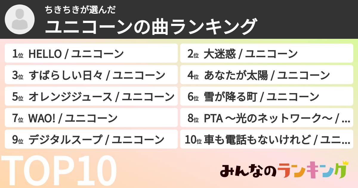 ちきちきさんの「ユニコーンの曲ランキング」