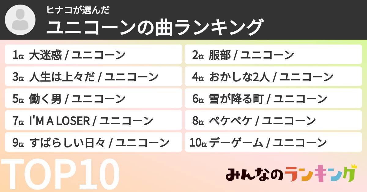 ヒナコさんの「ユニコーンの曲ランキング」