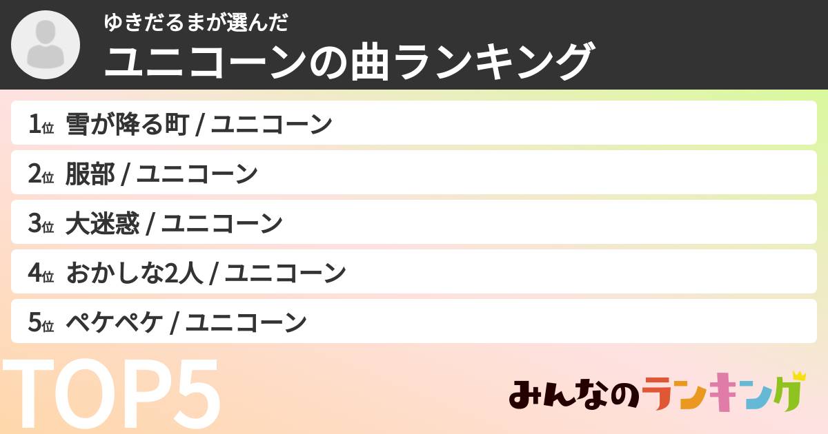 ゆきだるまさんの「ユニコーンの曲ランキング」