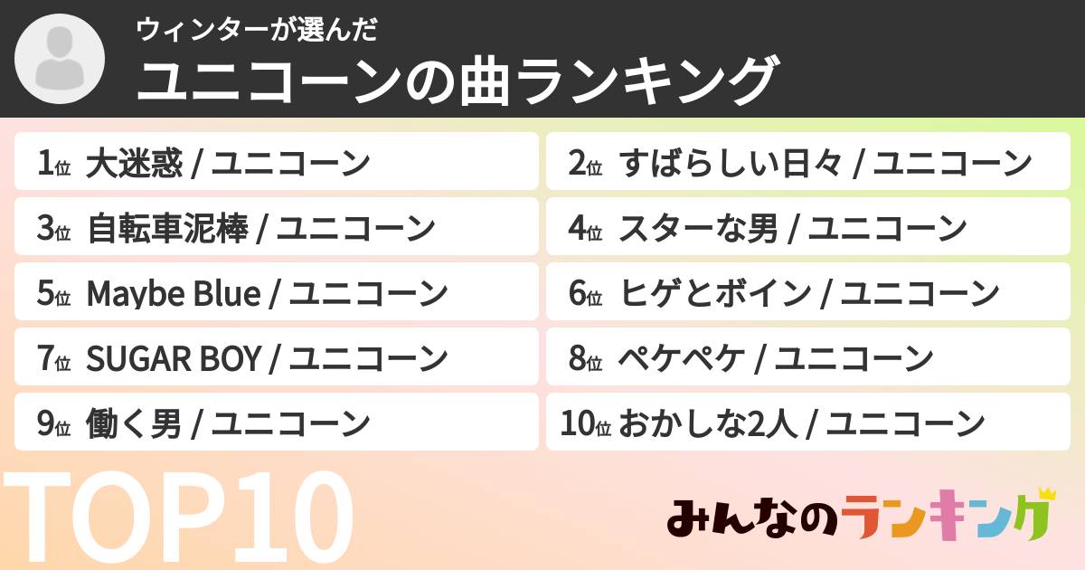 ウィンターさんの「ユニコーンの曲ランキング」