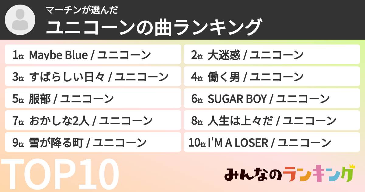 マーチンさんの「ユニコーンの曲ランキング」