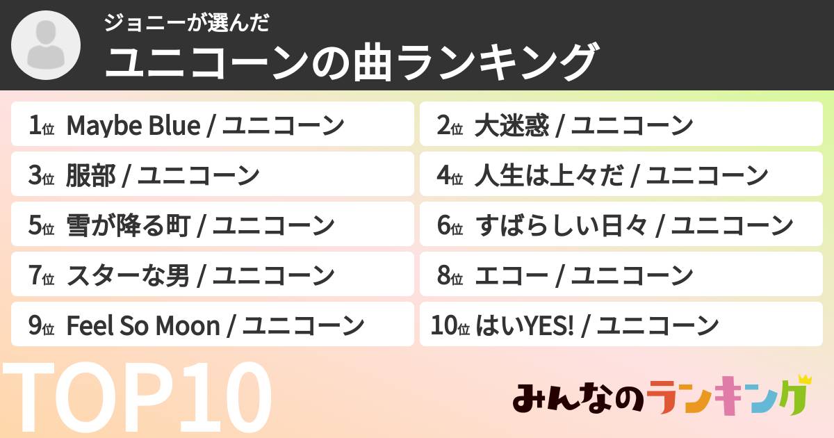 ジョニーさんの「ユニコーンの曲ランキング」