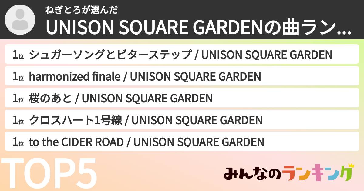 ねぎとろさんの「UNISON SQUARE GARDENの曲ランキング」