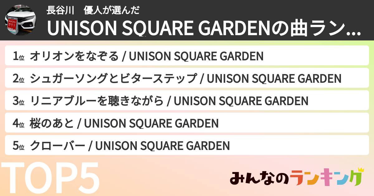 長谷川 優人さんの「UNISON SQUARE GARDENの曲ランキング」