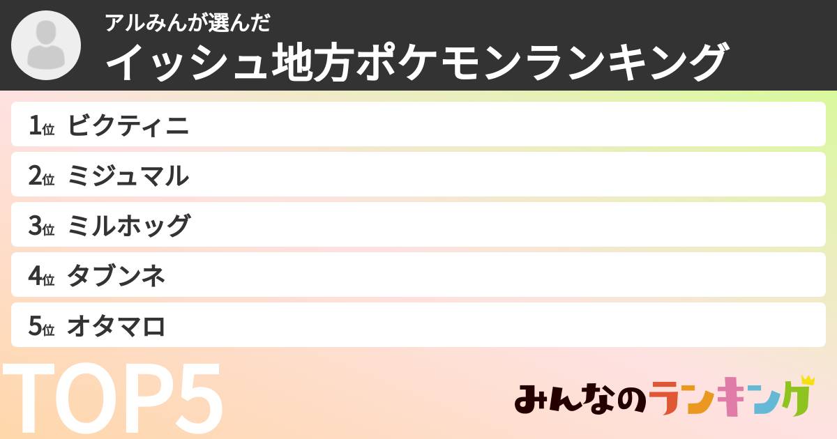 アルみんさんの「イッシュ地方ポケモンランキング」