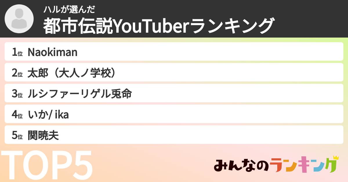 ハルさんの「都市伝説YouTuberランキング」