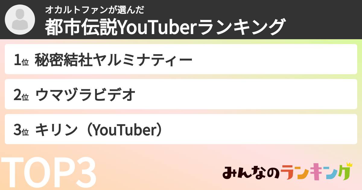 オカルトファンさんの「都市伝説YouTuberランキング」
