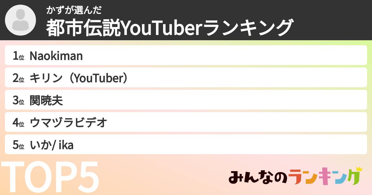 かずさんの「都市伝説YouTuberランキング」