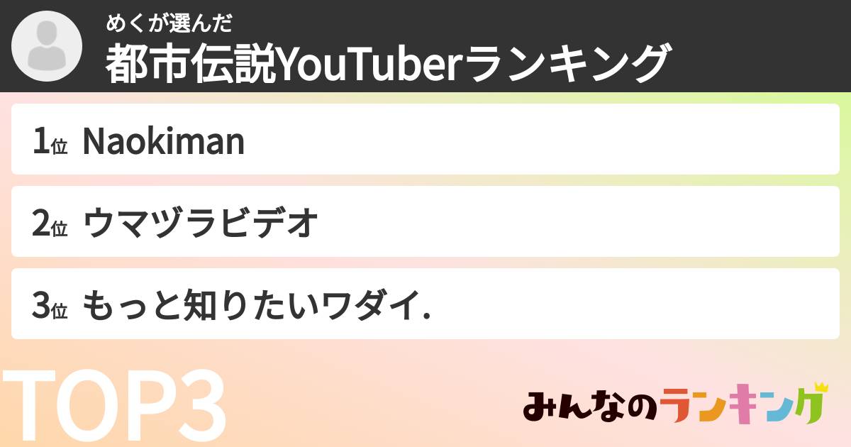 めくさんの「都市伝説YouTuberランキング」