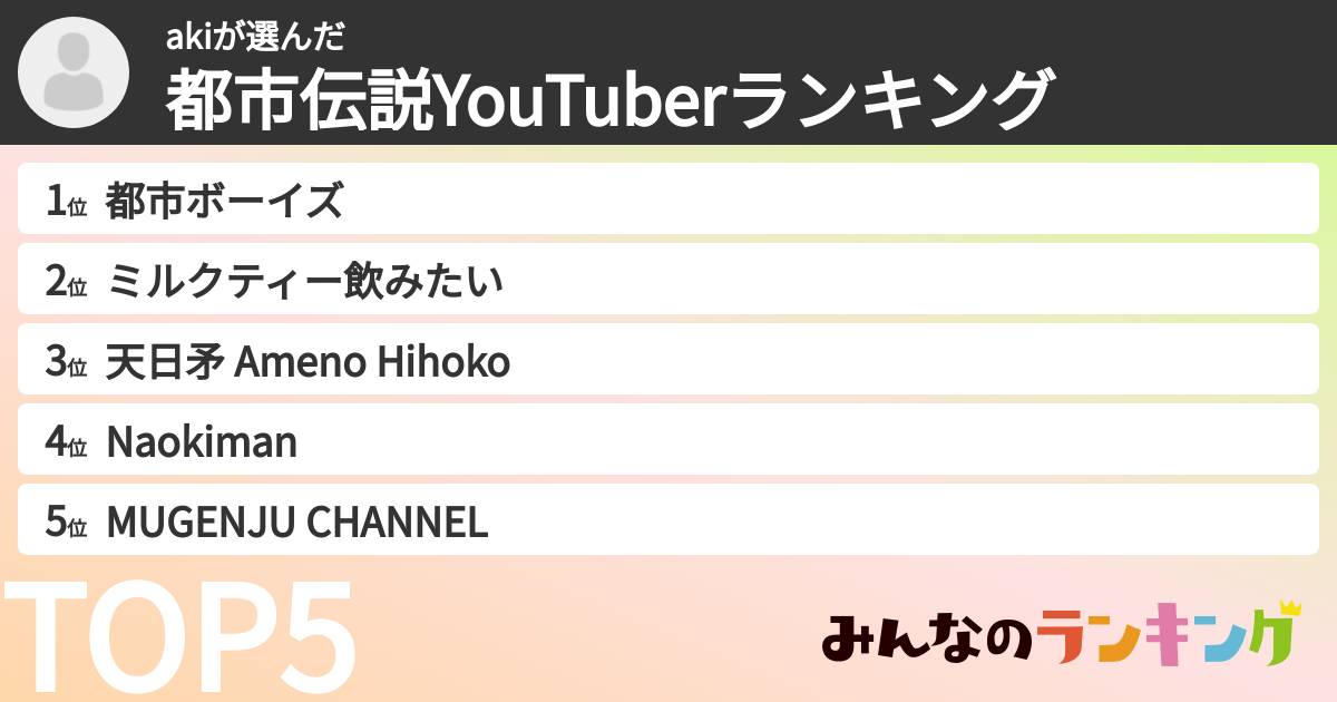 akiさんの「都市伝説YouTuberランキング」