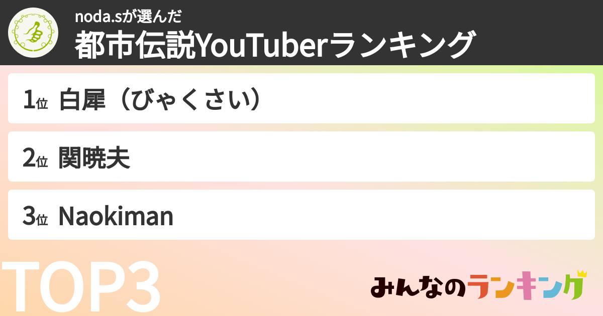 noda.sさんの「都市伝説YouTuberランキング」