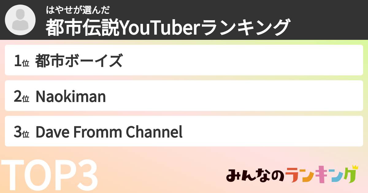 はやせさんの「都市伝説YouTuberランキング」