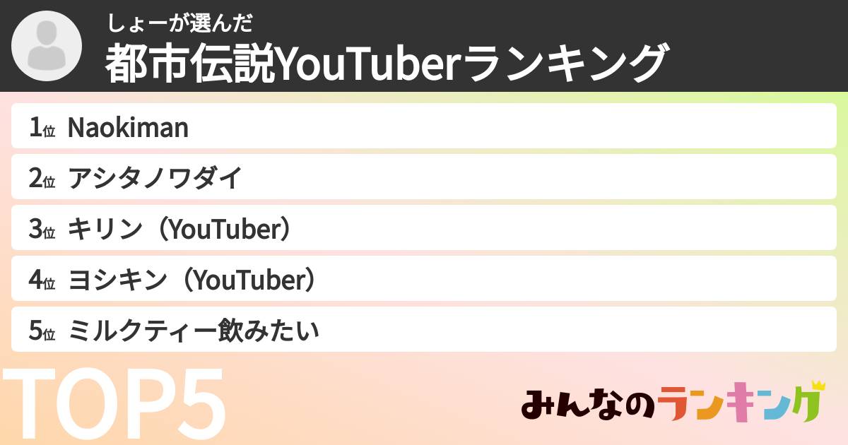 しょーさんの「都市伝説YouTuberランキング」