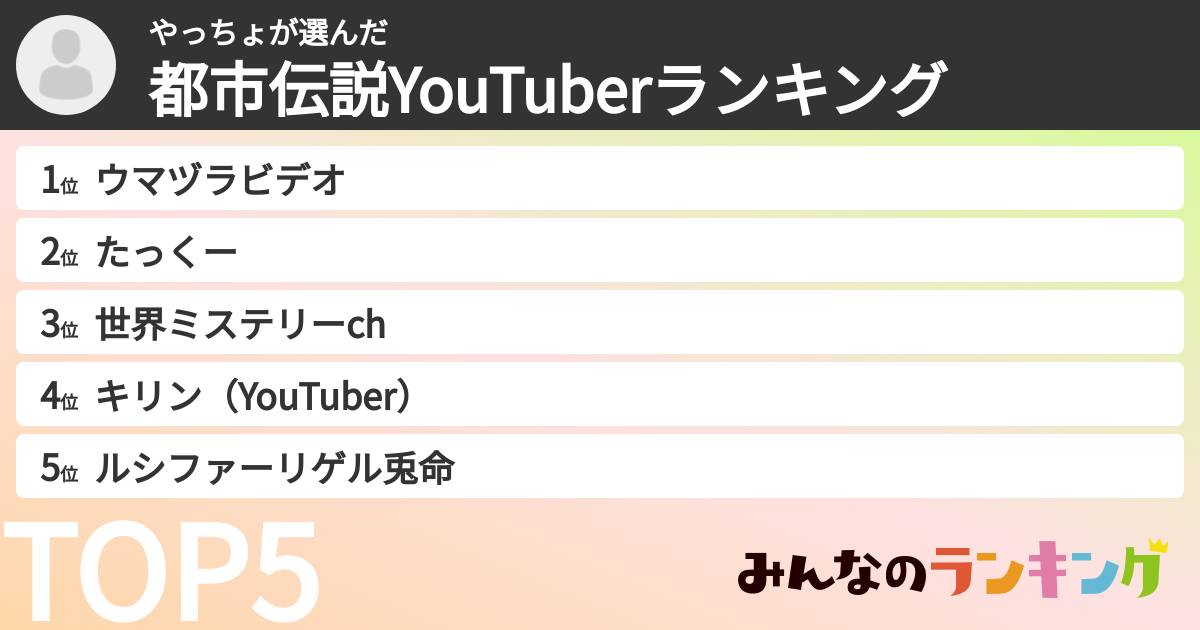 やっちょさんの「都市伝説YouTuberランキング」