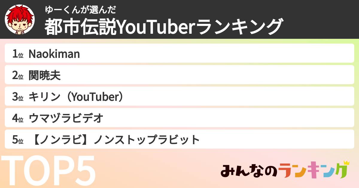 ゆーくんさんの「都市伝説YouTuberランキング」