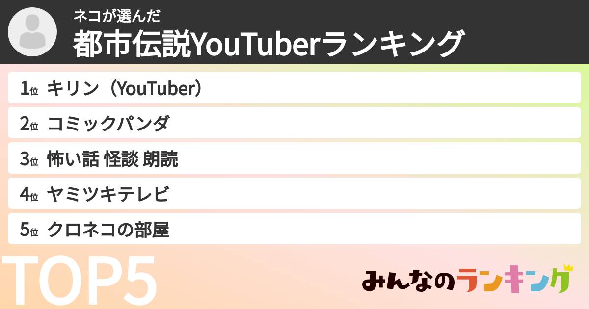 ネコさんの「都市伝説YouTuberランキング」