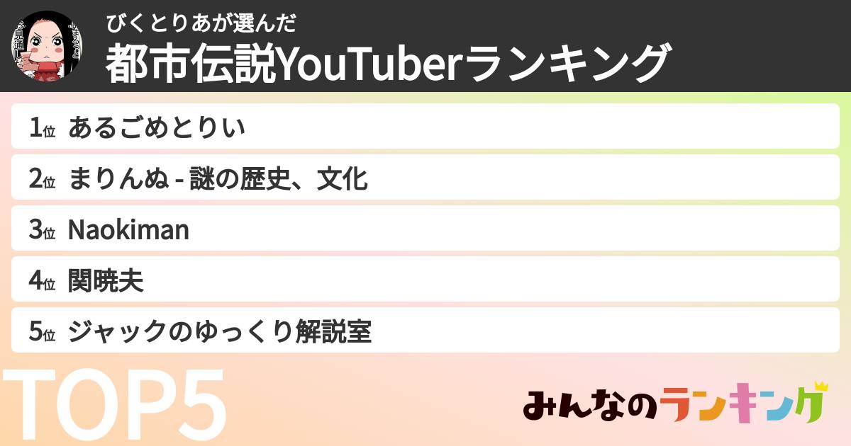 びくとりあさんの「都市伝説YouTuberランキング」