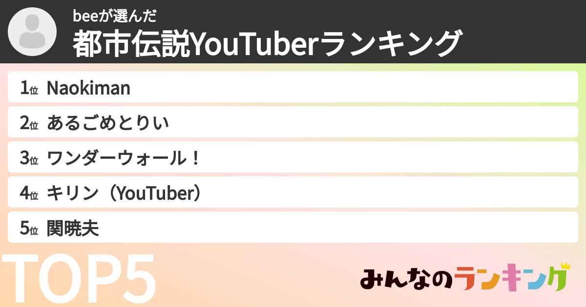 beeさんの「都市伝説YouTuberランキング」