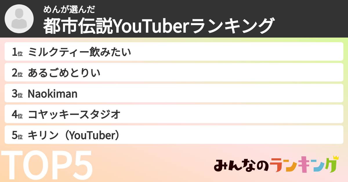 めんさんの「都市伝説YouTuberランキング」