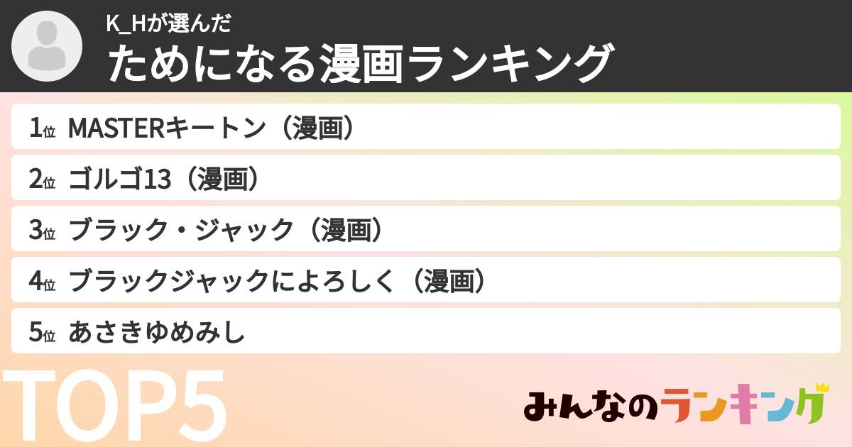 K_Hさんの「ためになる漫画ランキング」