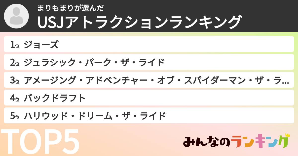 まりもまりさんの「USJアトラクションランキング」