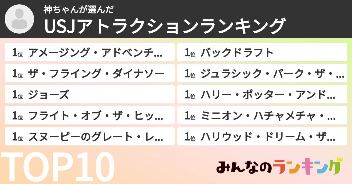 神ちゃんさんの「USJアトラクションランキング」