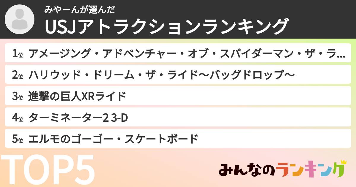 みやーんさんの「USJアトラクションランキング」