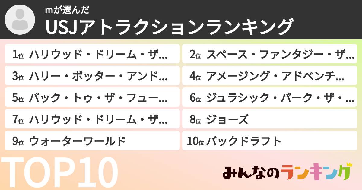 mさんの「USJアトラクションランキング」