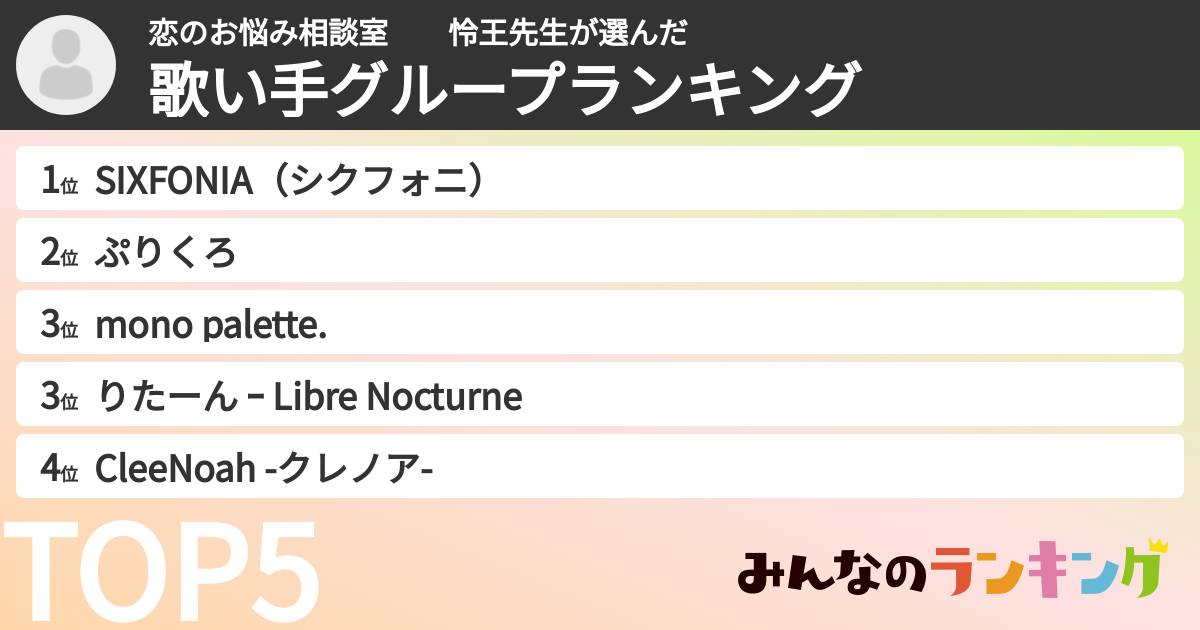 恋のお悩み相談室　　怜王先生さんの「歌い手グループランキング」