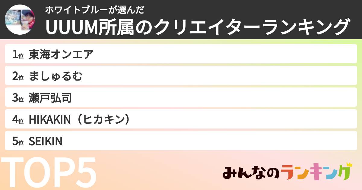 ホワイトブルーさんの「UUUM所属のクリエイターランキング」