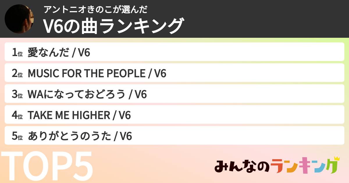 アントニオきのこさんの「V6の曲ランキング」