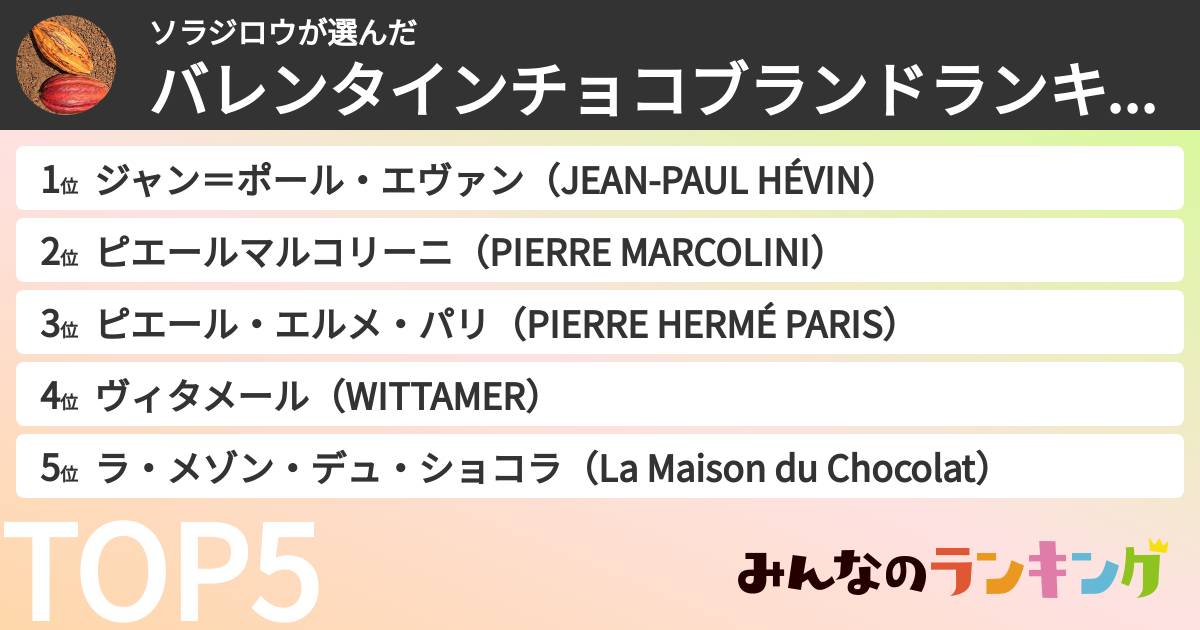 ソラジロウさんの「バレンタインチョコブランドランキング」