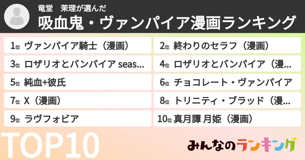 竜堂 茉理さんの「吸血鬼・ヴァンパイア漫画ランキング」