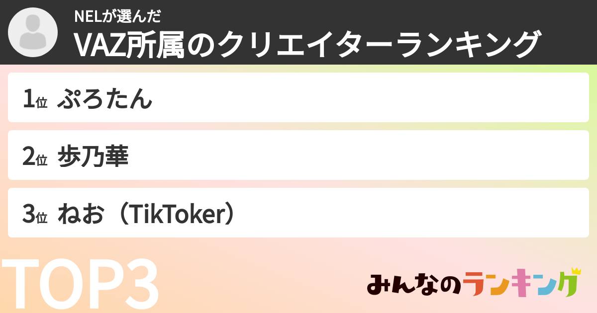 NELさんの「VAZ所属のクリエイターランキング」