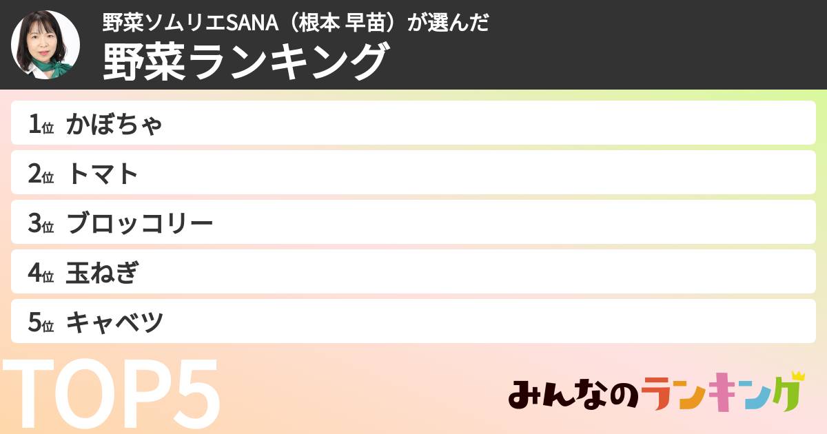 野菜ソムリエSANA（根本 早苗）さんの「野菜ランキング」