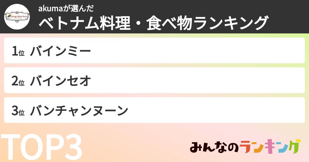akumaさんの「ベトナム料理・食べ物ランキング」