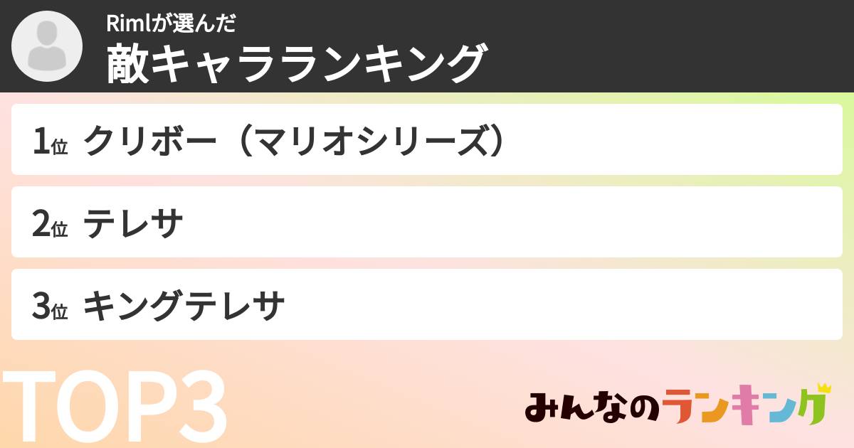 Rimlさんの「敵キャラランキング」