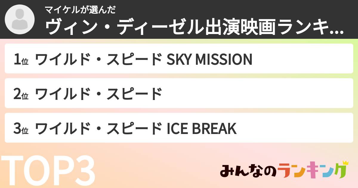 マイケルさんの「ヴィン・ディーゼル出演映画ランキング」
