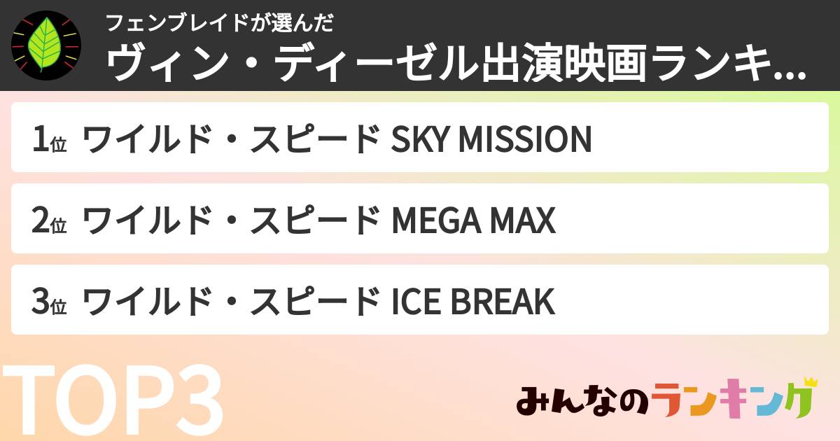 フェンブレイドさんの「ヴィン・ディーゼル出演映画ランキング」