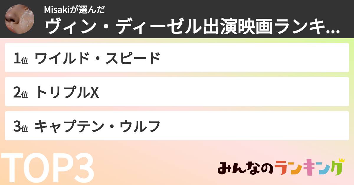 Misakiさんの「ヴィン・ディーゼル出演映画ランキング」