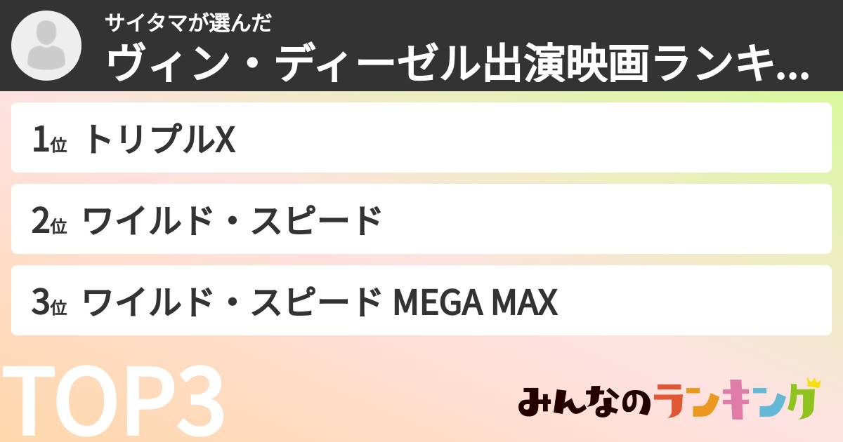 サイタマさんの「ヴィン・ディーゼル出演映画ランキング」