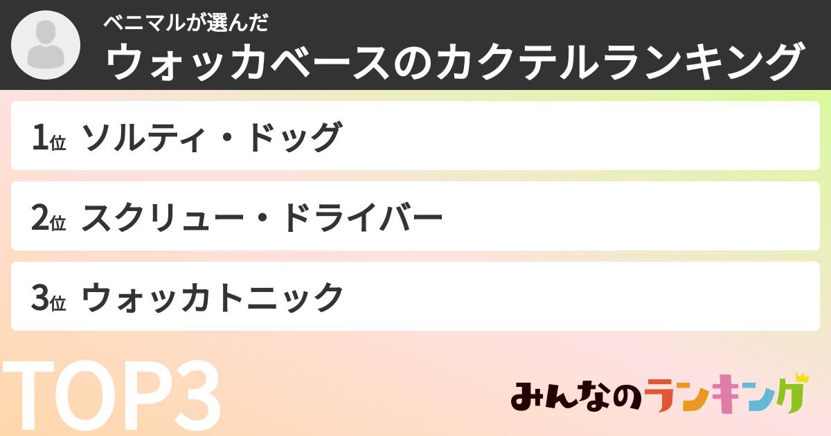 ベニマルさんの「ウォッカベースのカクテルランキング」