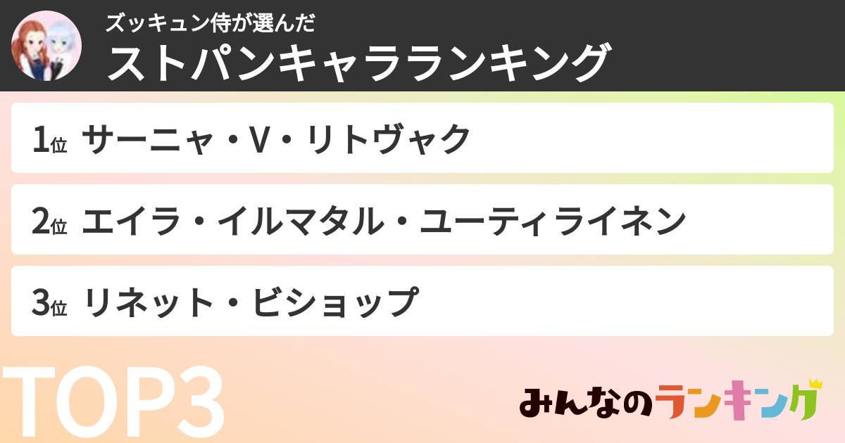 ズッキュン侍さんの「ストパンキャラランキング」