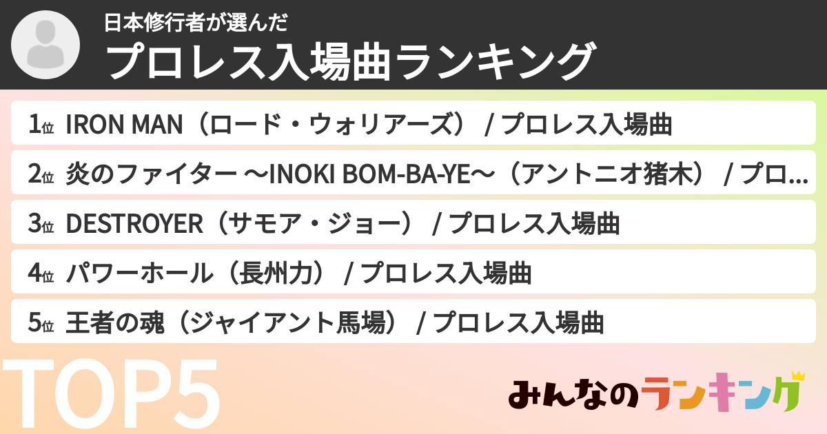日本修行者さんの「プロレス入場曲ランキング」