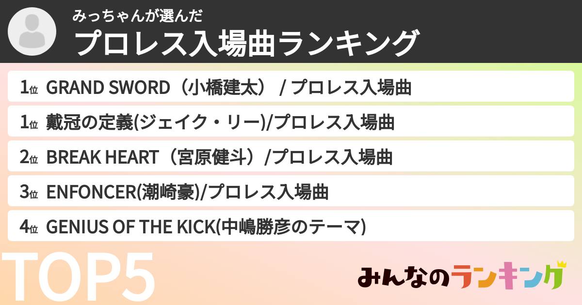 みっちゃんさんの「プロレス入場曲ランキング」