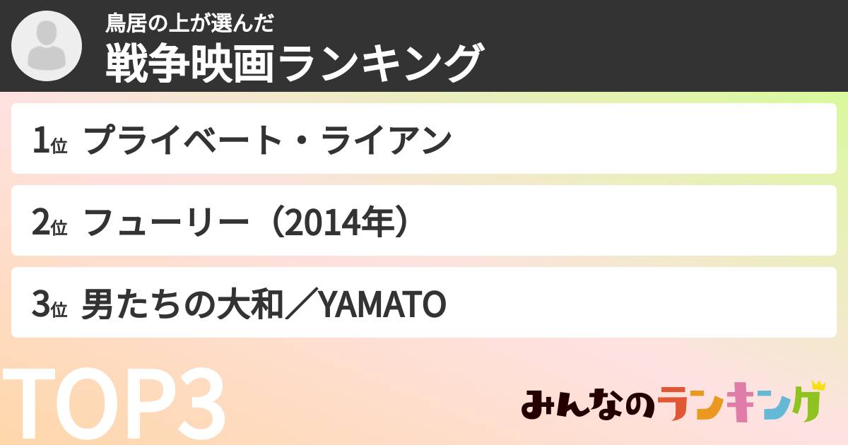 鳥居の上さんの「戦争映画ランキング」